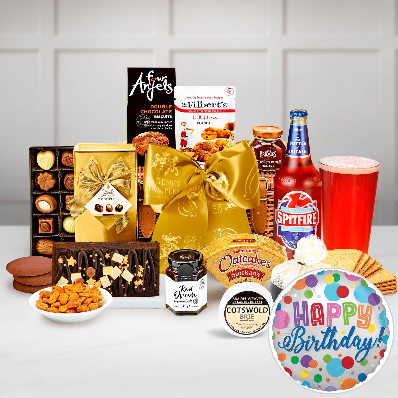 Regency Hampers Birthday Wellington Gift Hamper with Spitfire Ale, Cottage Delight, Farmhouse Pork Pâte, 90g in a Handmade 12" Willow Picnic Hamper