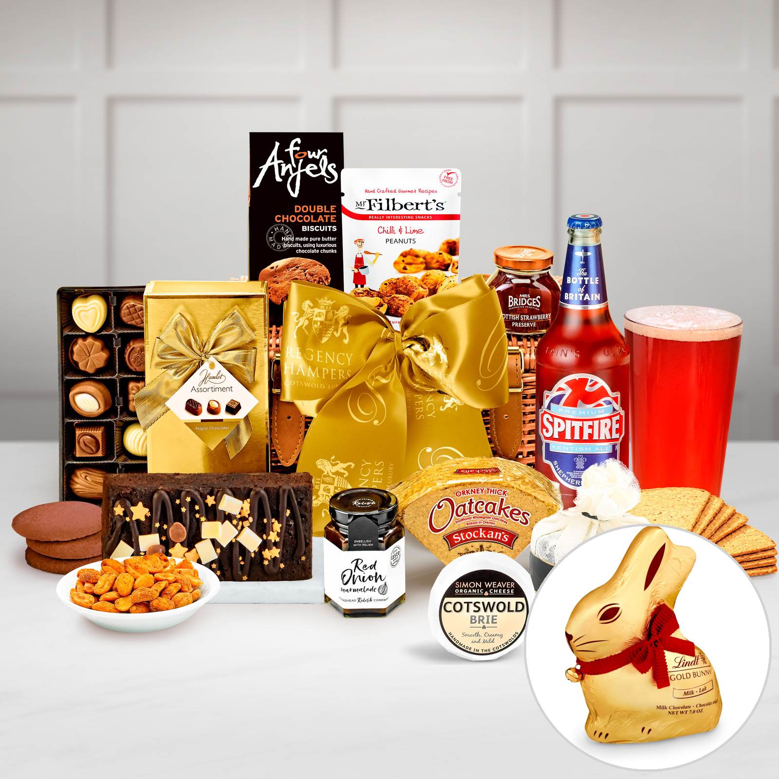 Regency Hampers Easter Wellington Gift Hamper with Spitfire Ale, Cottage Delight, Farmhouse Pork Pâte, 90g in a Handmade 12" Willow Picnic Hamper