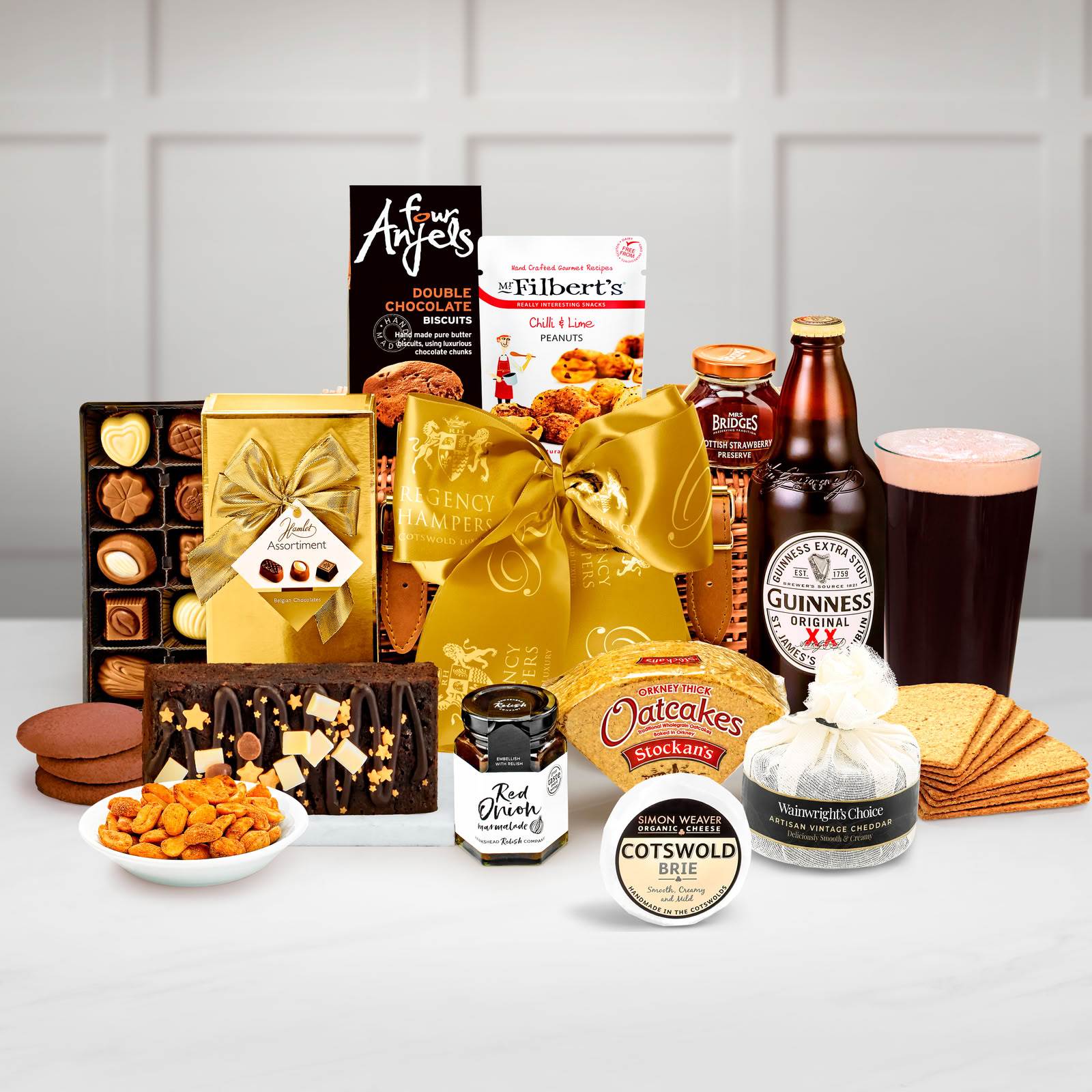 Wellington Gift Hamper With Guinness Original Stout, Black Waxed Farmhouse Cheddar in Muslin in a Handmade 12" Willow Picnic Hamper