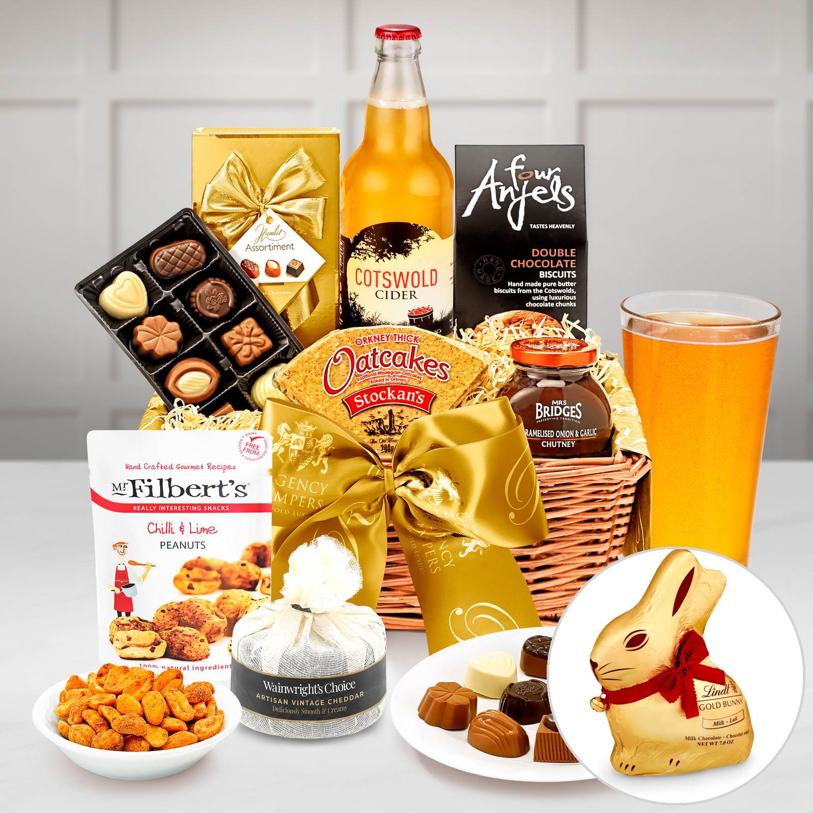Regency Hampers Easter Wordsworth Gift Hamper with Cotswold Cider, Black Waxed Farmhouse Cheddar in Muslin in a Seagrass Tray