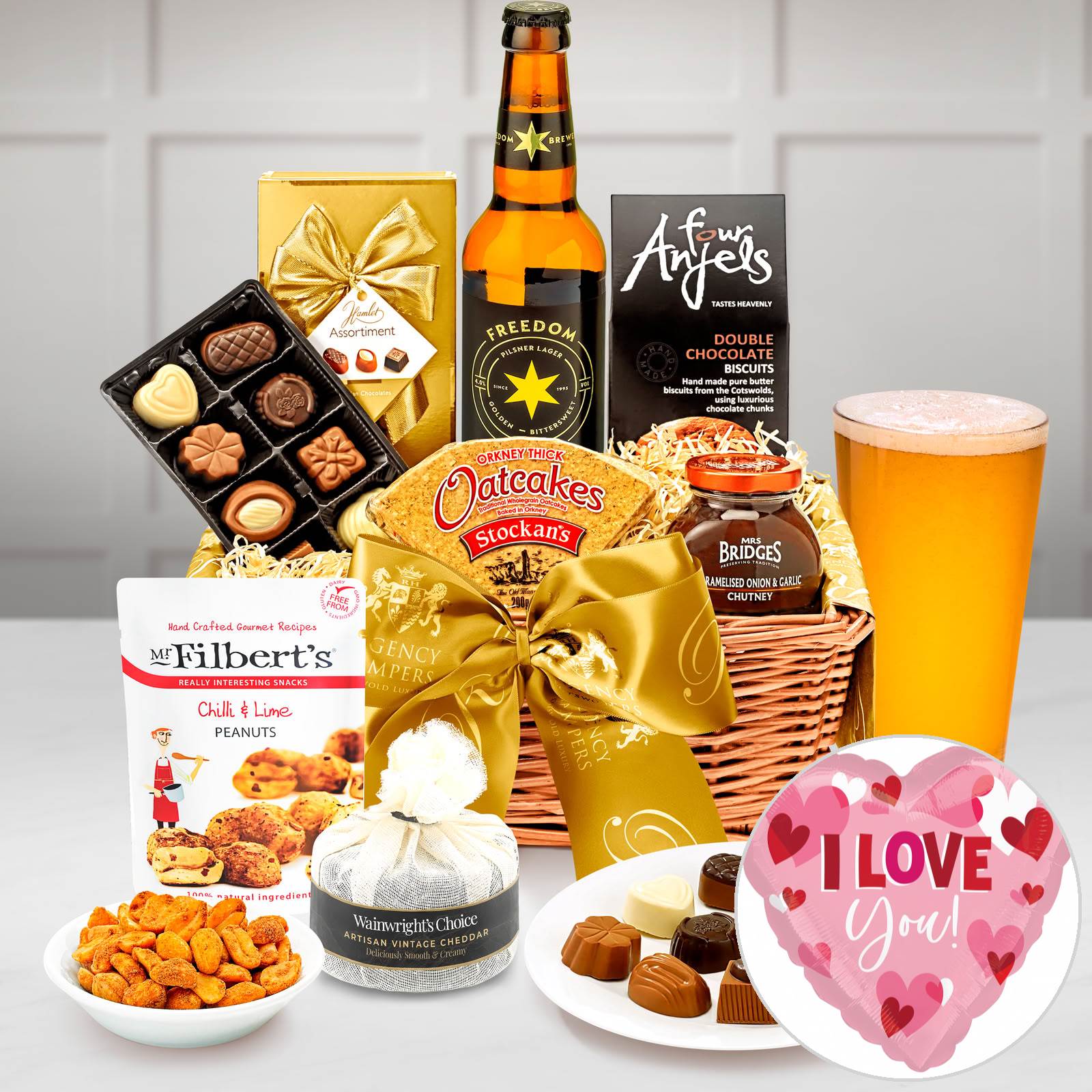 Regency Hampers Anniversary & Wedding Wordsworth Gift Hamper with Freedom Lager, 330ml, Black Waxed Farmhouse Cheddar in Muslin in a Seagrass Tray
