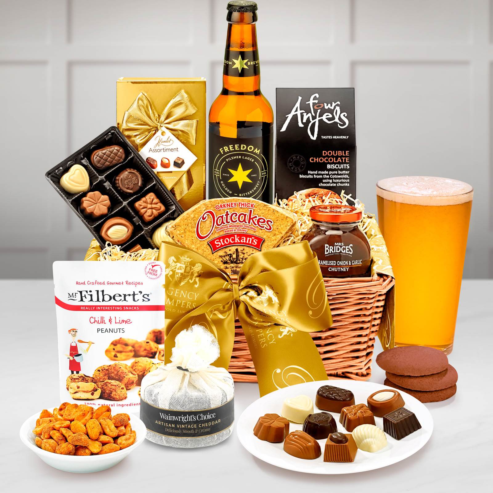 Gifts For Teacher's Wordsworth Gift Hamper With Freedom Lager, 330ml, Black Waxed Farmhouse Cheddar in Muslin in a Seagrass Tray