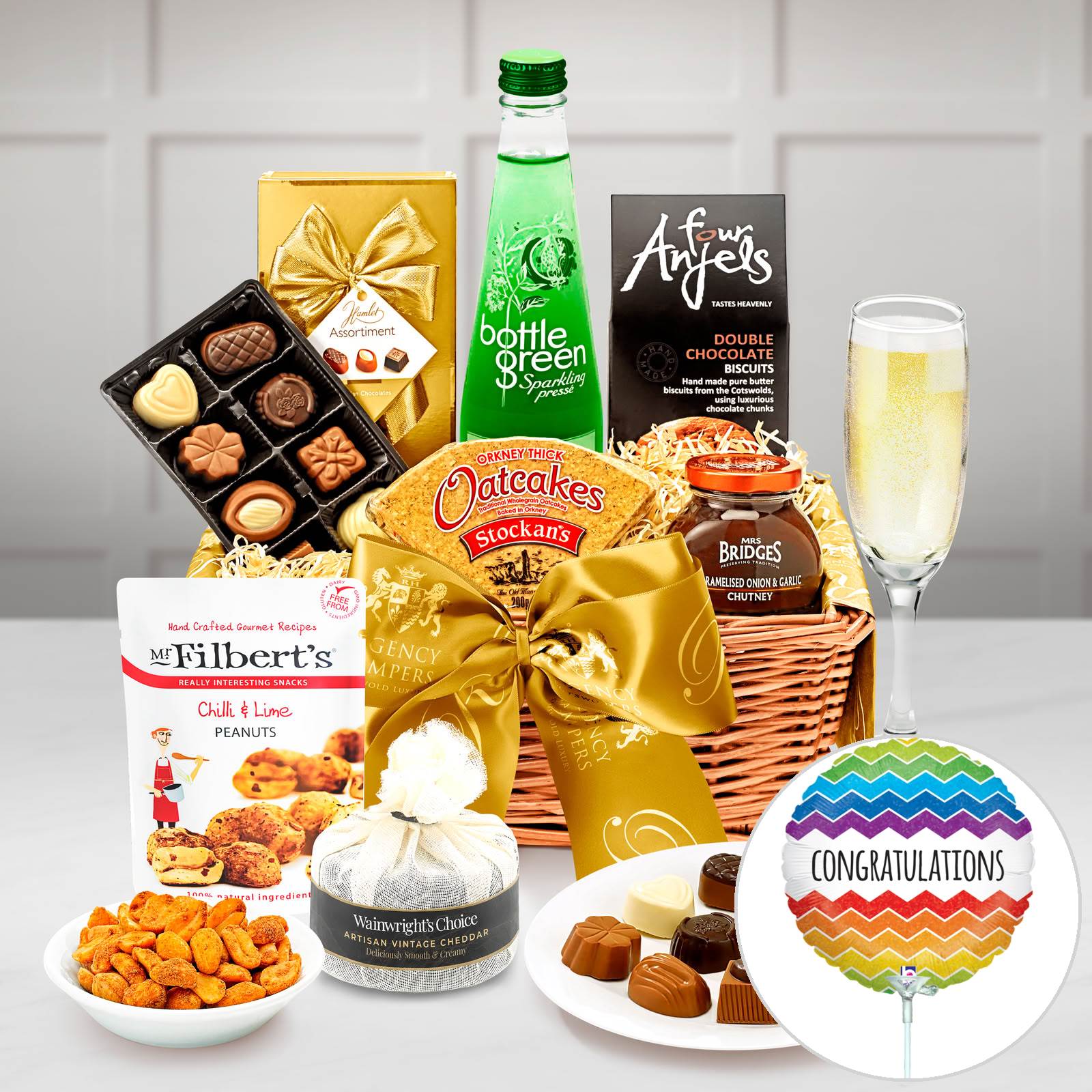 Congratulations Wordsworth Alcohol-free Gift Hamper With Bottlegreen Pomegranate & Elderflower Pressé in a Seagrass Tray