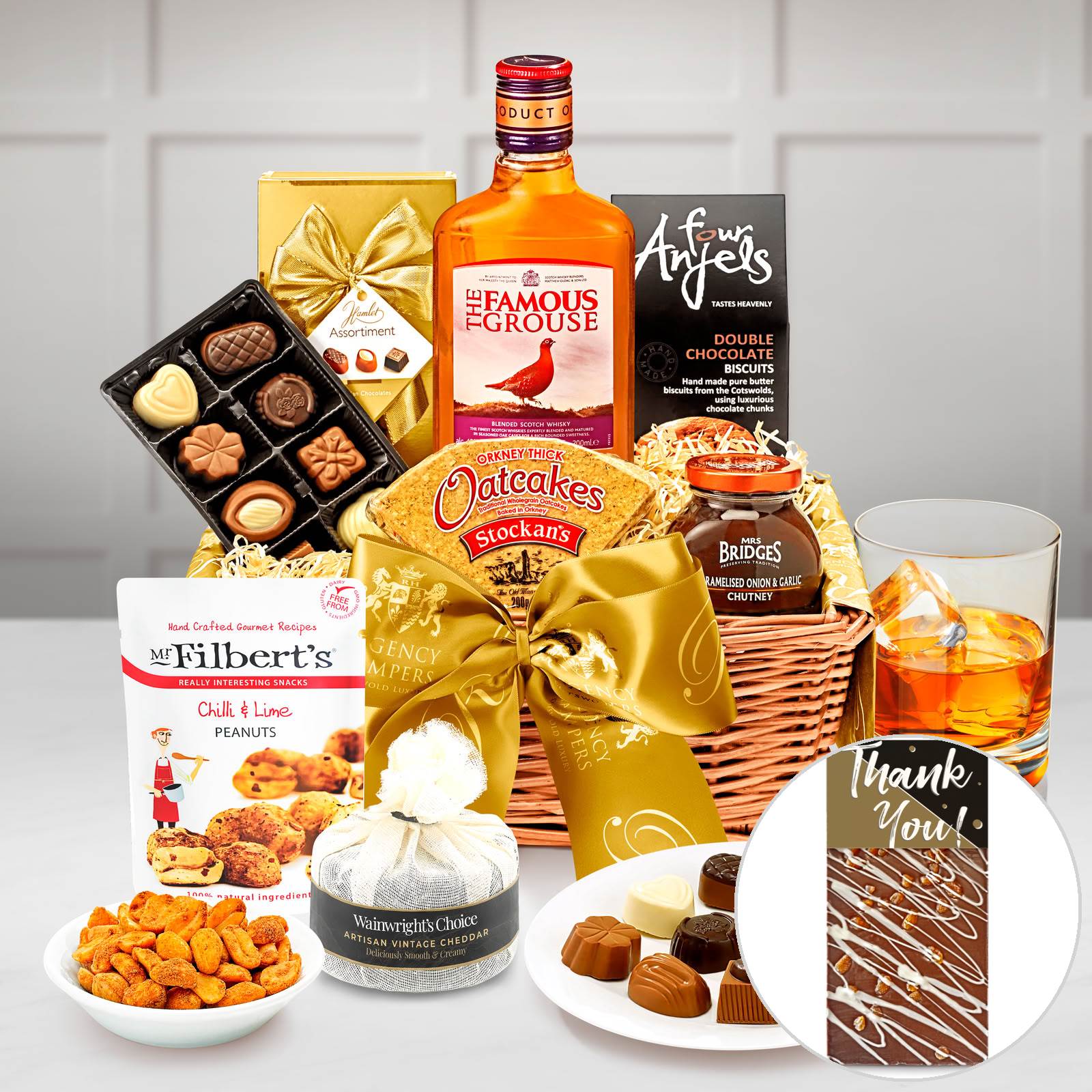Thank You Wordsworth Gift Hamper With The Famous Grouse Whisky, Black Waxed Farmhouse Cheddar in Muslin in a Seagrass Tray