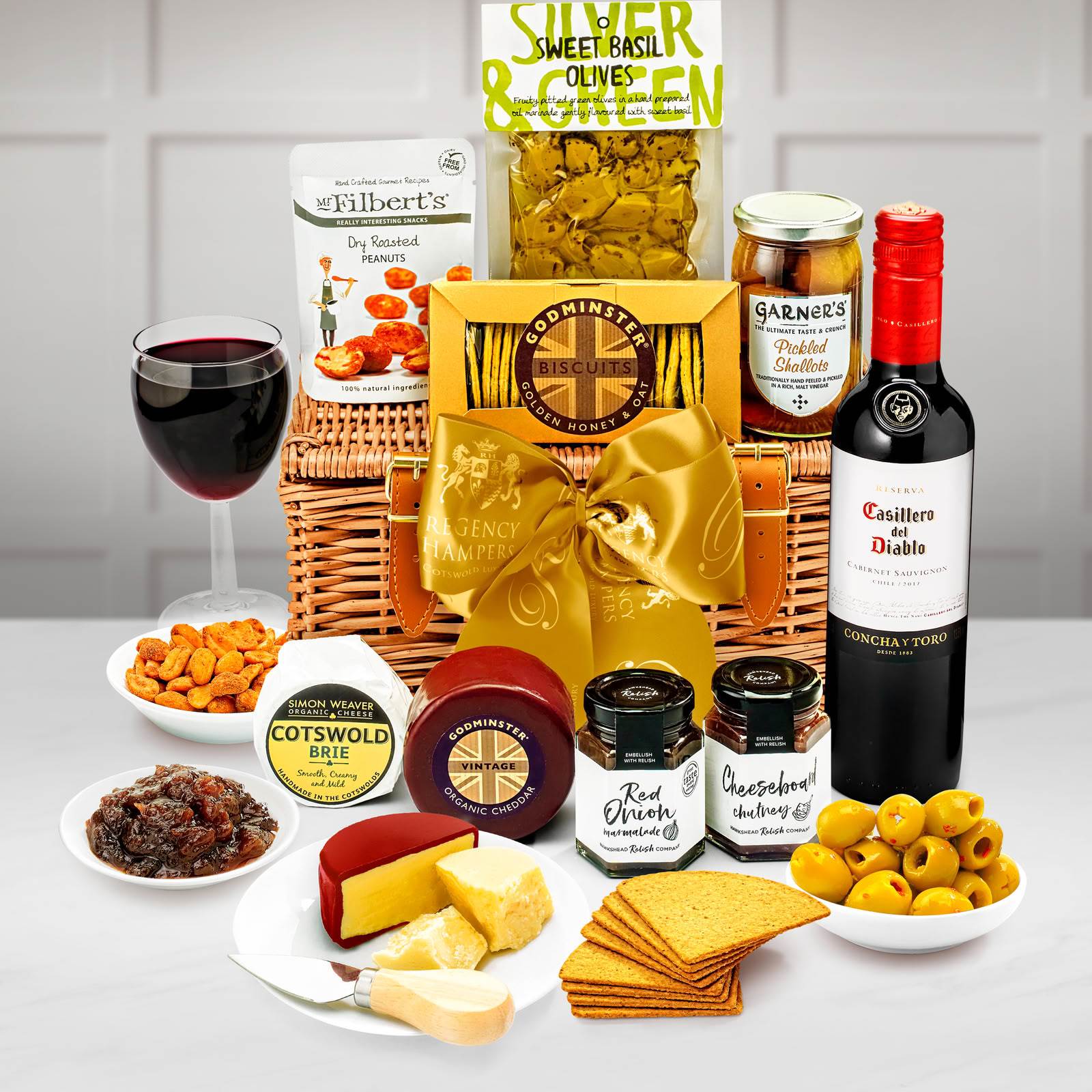 Byron Cheese Board Gift Hamper With Casillero Del Diablo Cabernet Sauvignon in a Handmade 12" Willow Picnic Hamper