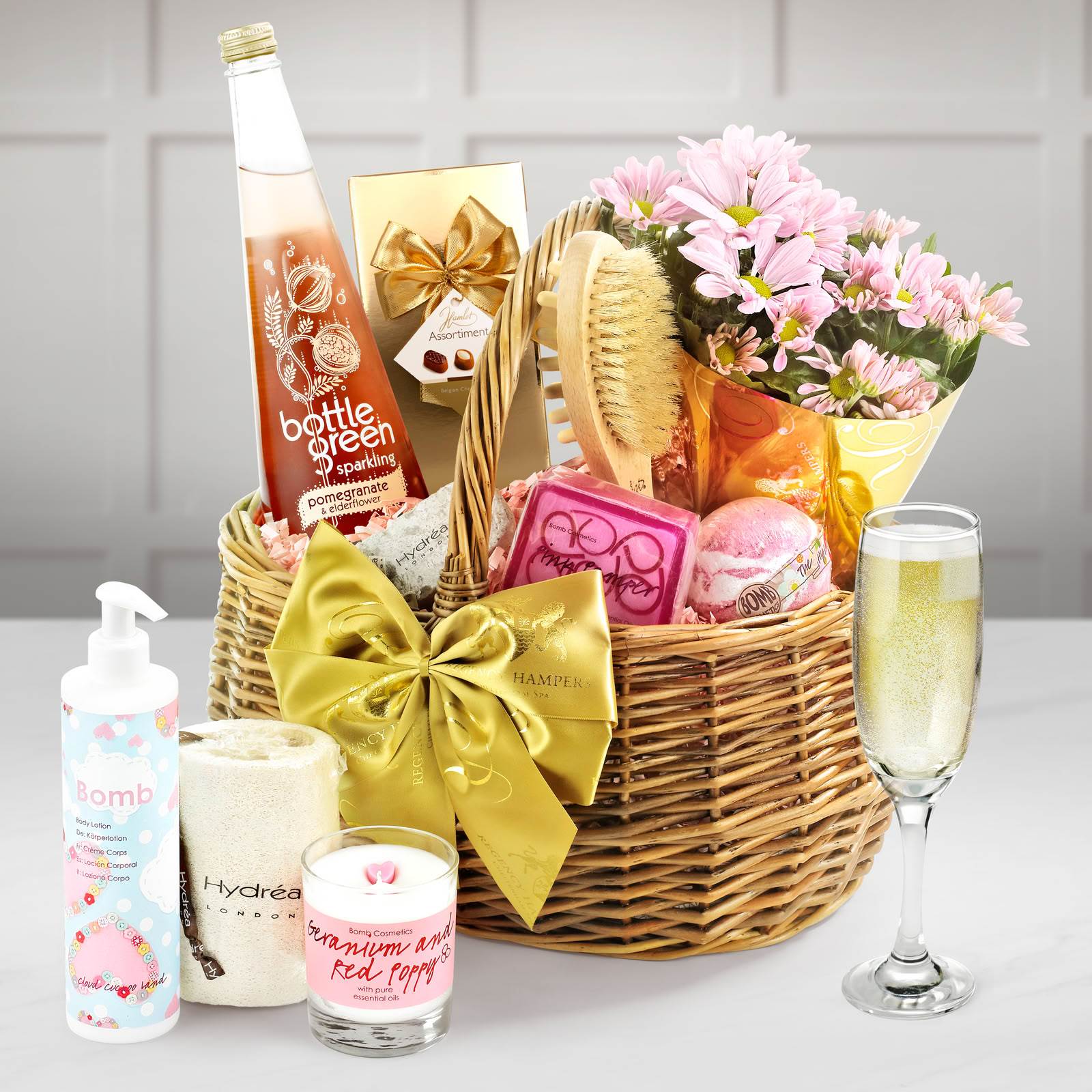 Luxury Floral Pampering Set Gift Basket With Bottlegreen Pomegranate & Elderflower Pressé in a Hand Made Large Wicker Shopper