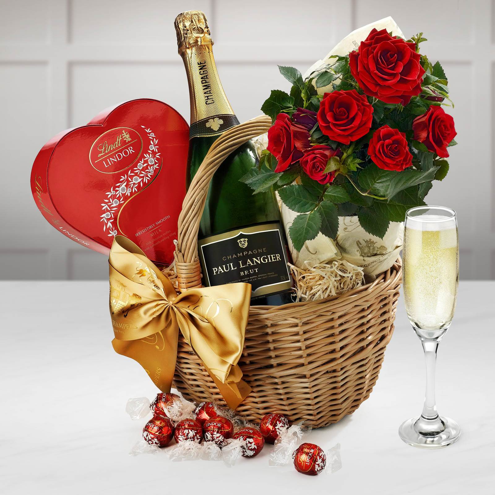 Regency Hampers Lovers' Roses & Chocolate Gift Hamper with Paul Langier Champagne in a Hand Made Large Wicker Shopper