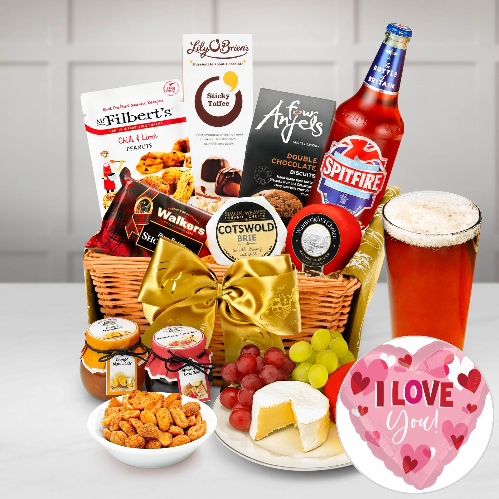 Anniversary & Wedding Downton Gift Hamper With Spitfire Ale and Lily O'brien's Sticky Toffee Chocolates in a Hand-woven Seagrass Tray