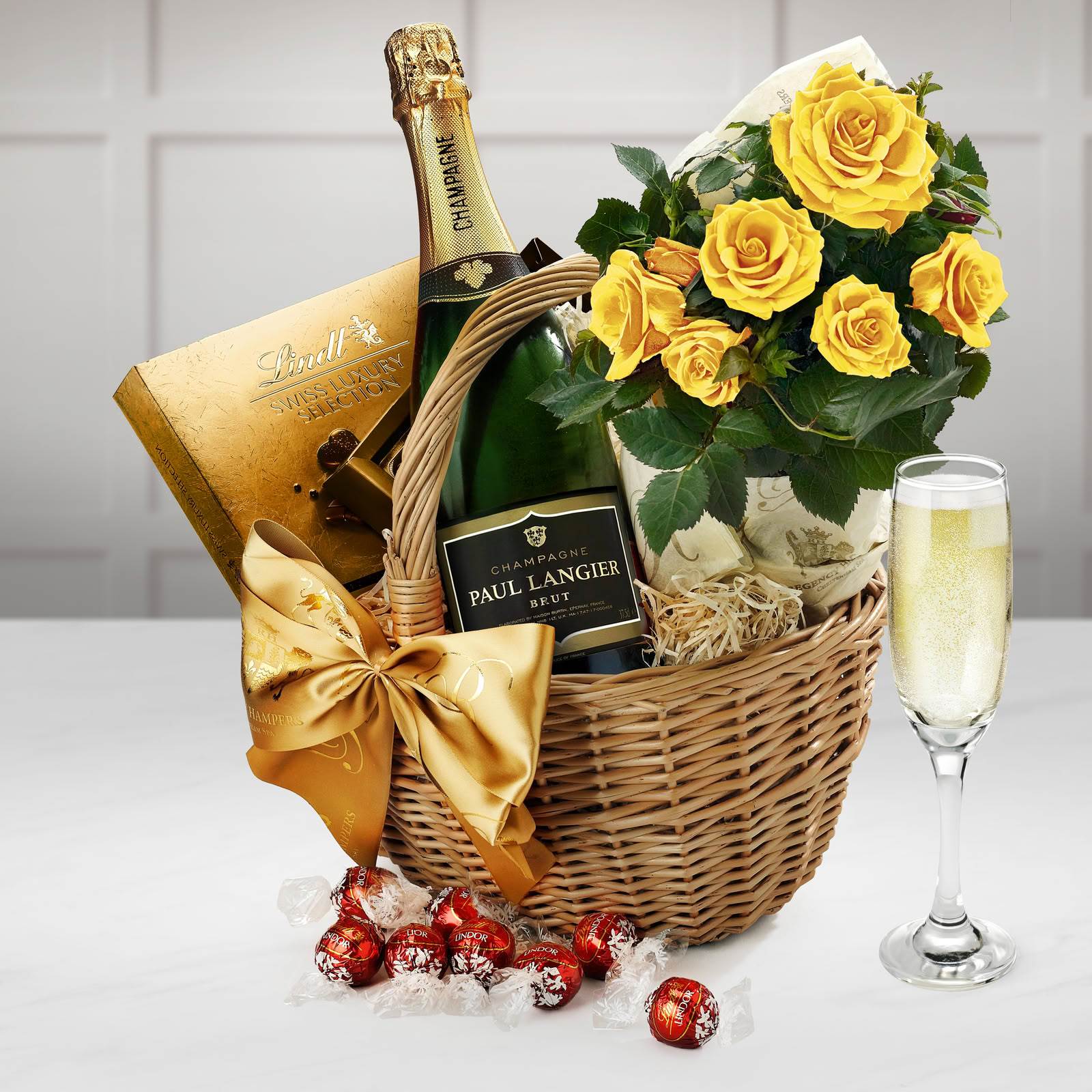 Birthday Roses & Chocolate Gift Hamper With Paul Langier Champagne, Lindt Swiss Luxury Chocolates in a Hand Made Large Wicker Shopper