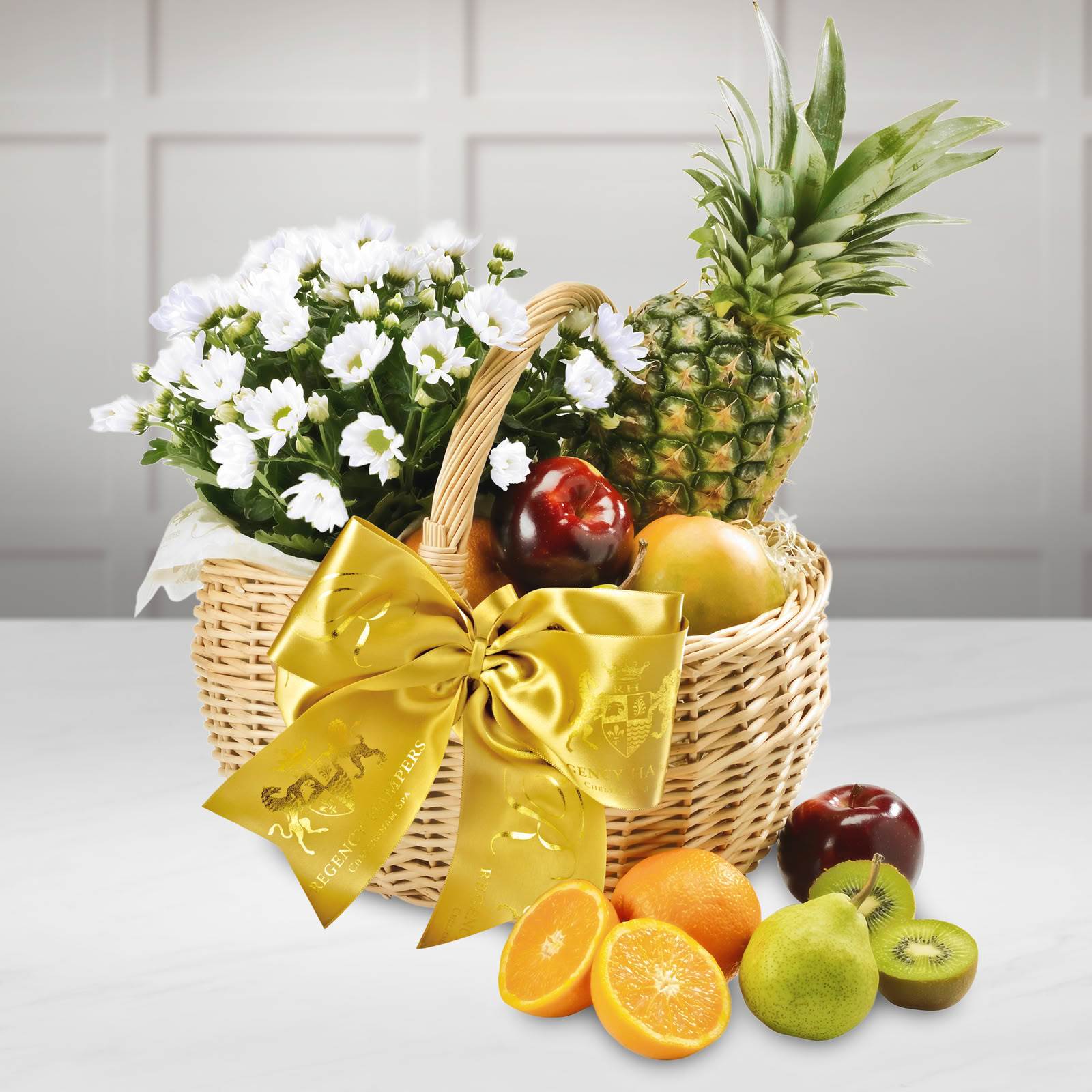 Classic Fresh Fruit & Flowers Gift Basket in a Hand Made Large Wicker Shopper