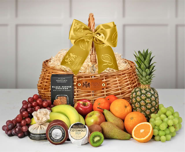 Fresh Fruit, Cheese & Biscuits With Black Waxed Farmhouse Cheddar in Muslin in a Hand Made Large Wicker Shopper