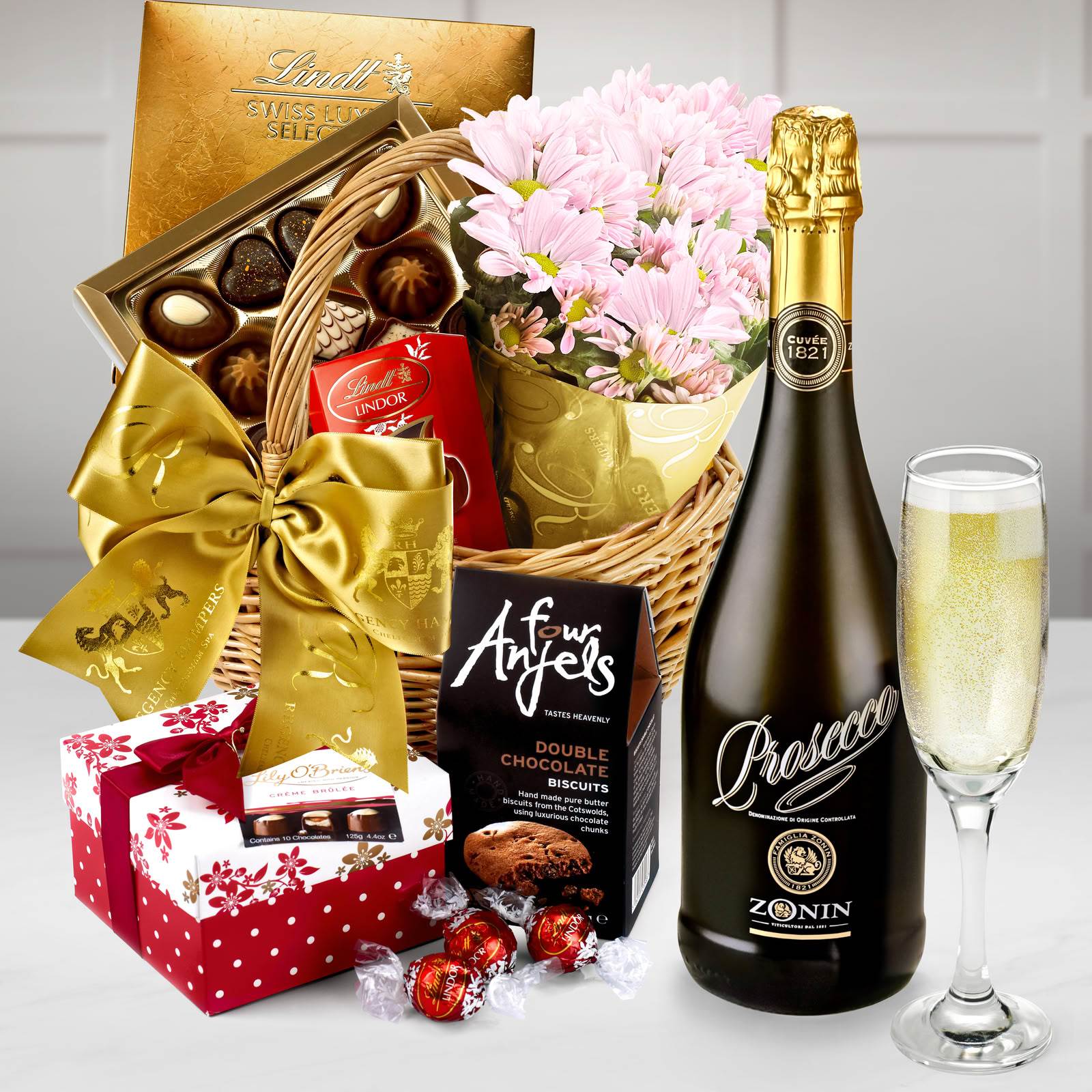 Chocolate Indulgence & Flowers Gift Hamper With Zonin, Prosecco Millesimato, 75cl in a Hand Made Large Wicker Shopper