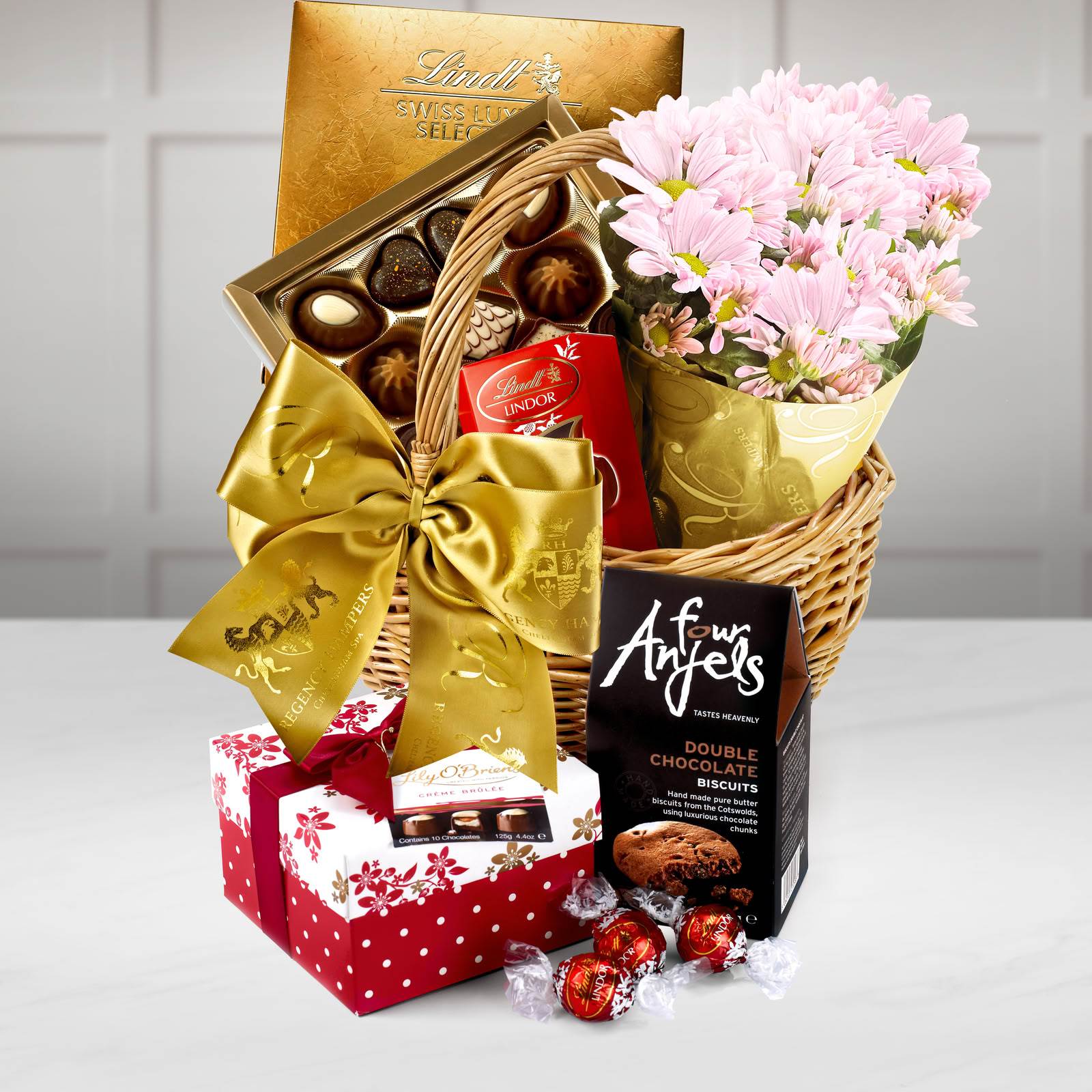 Chocolate Indulgence & Flowers Alcohol-free Gift Hamper With Lindt Swiss Luxury Chocolates in a Hand Made Large Wicker Shopper