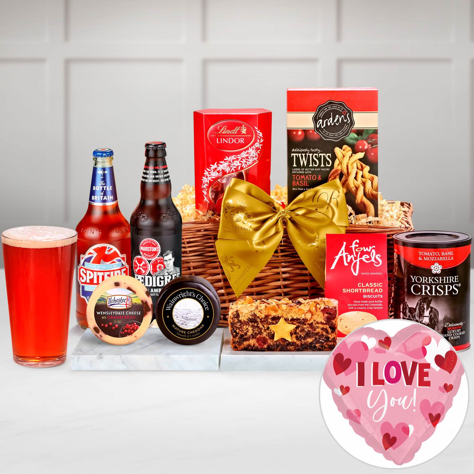 Regency Hampers Stratford Gift Hamper with Marston's Pedigree Amber Ale, Ilchester, Wensleydale & Cranberry in a Hand Woven Willow Tray
