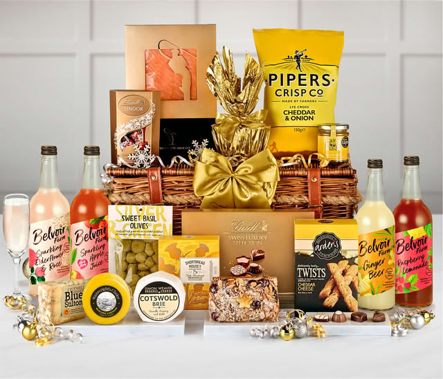 Luxury Christmas Hamper - Alcohol-Free Pressé, Salmon, Cheese, Olives, Fruit Cake, Chocolates & More