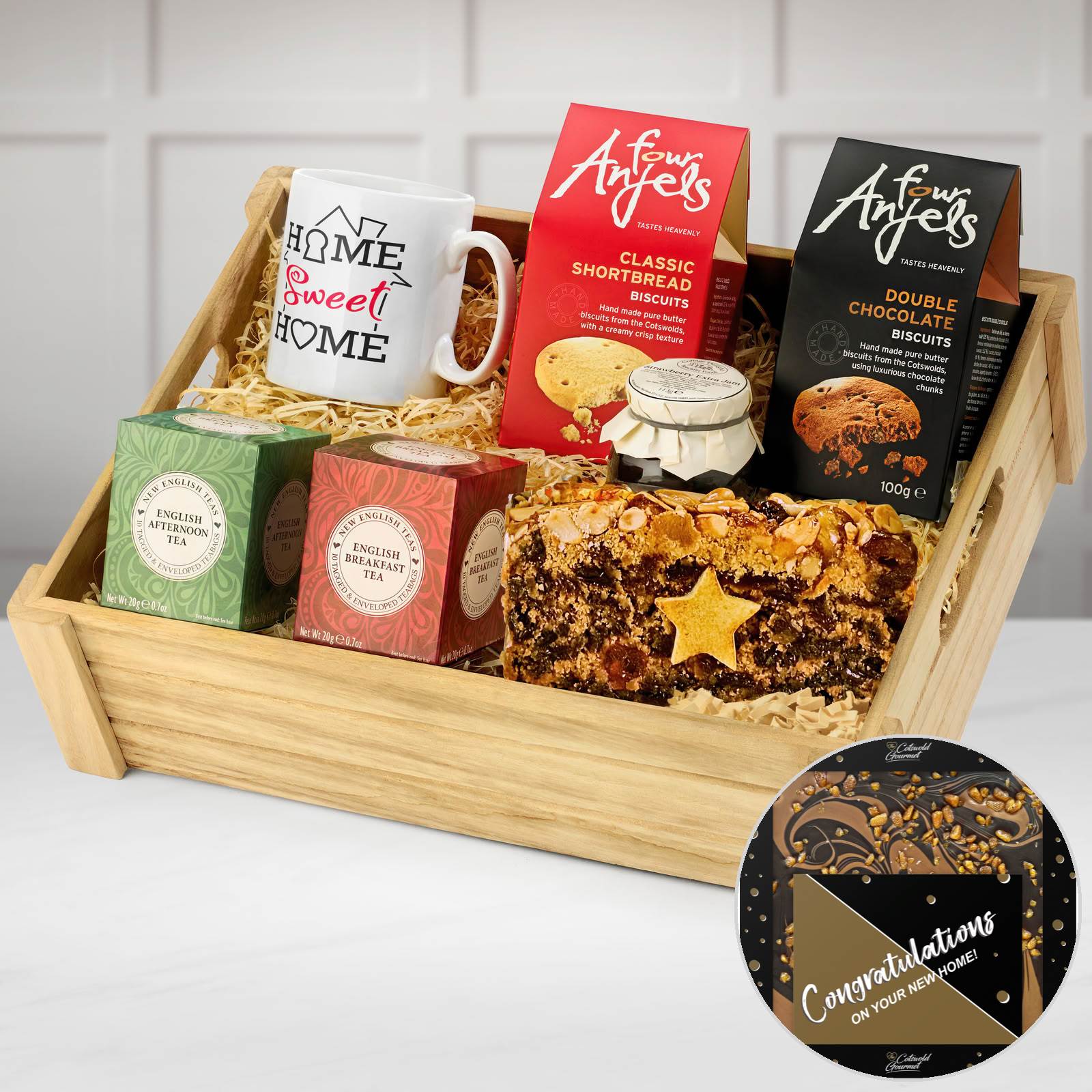 Regency Hampers New Home Housewarming Tea Lover's Gift Set with Afternoon and English Breakfast Tea, Ceramic Mug and Chocolate In A Wooden Crate