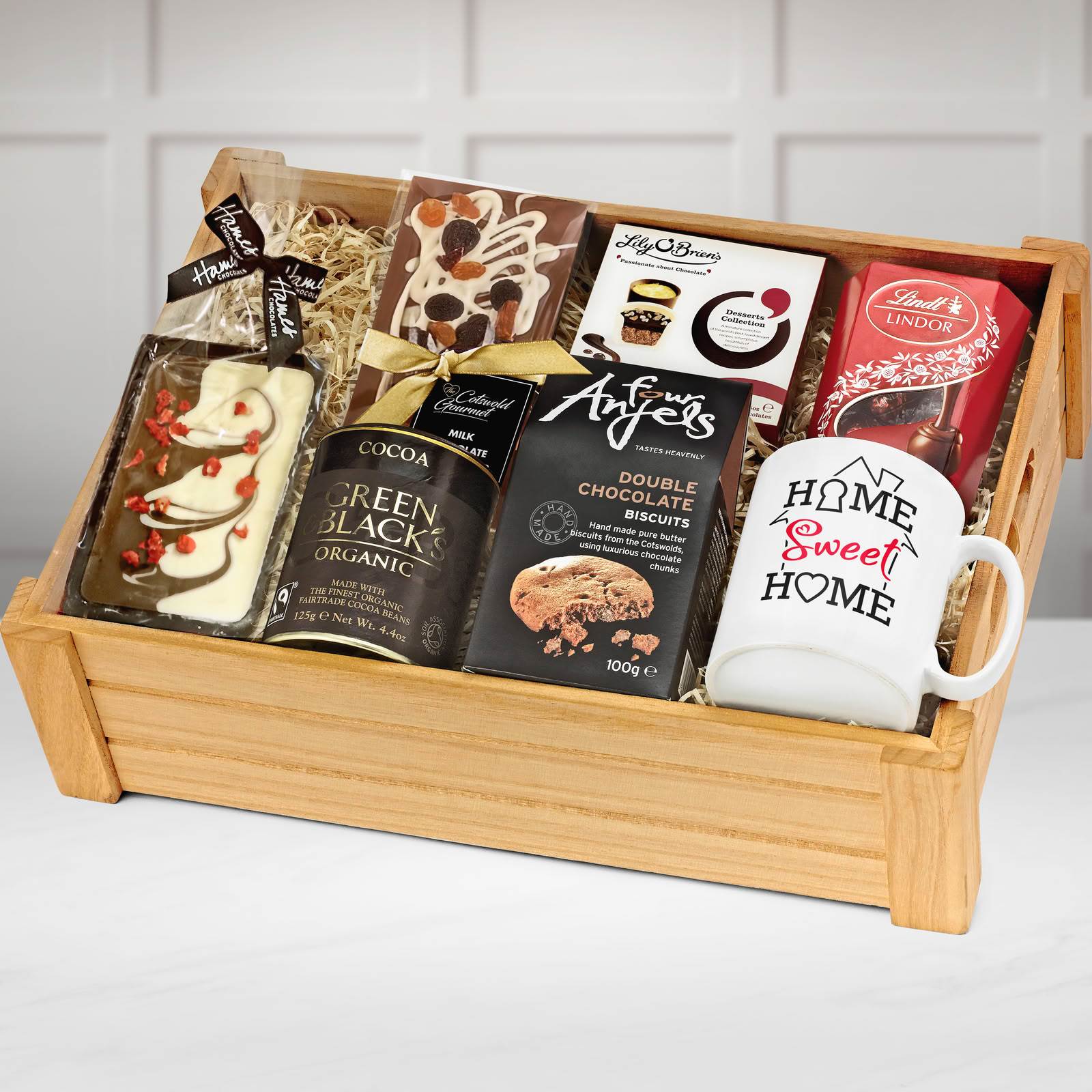 Housewarming Chocolate Lover's Gift Set in Wood With Cotswold Gourmet, Chocolate Bar in a Wooden Crate