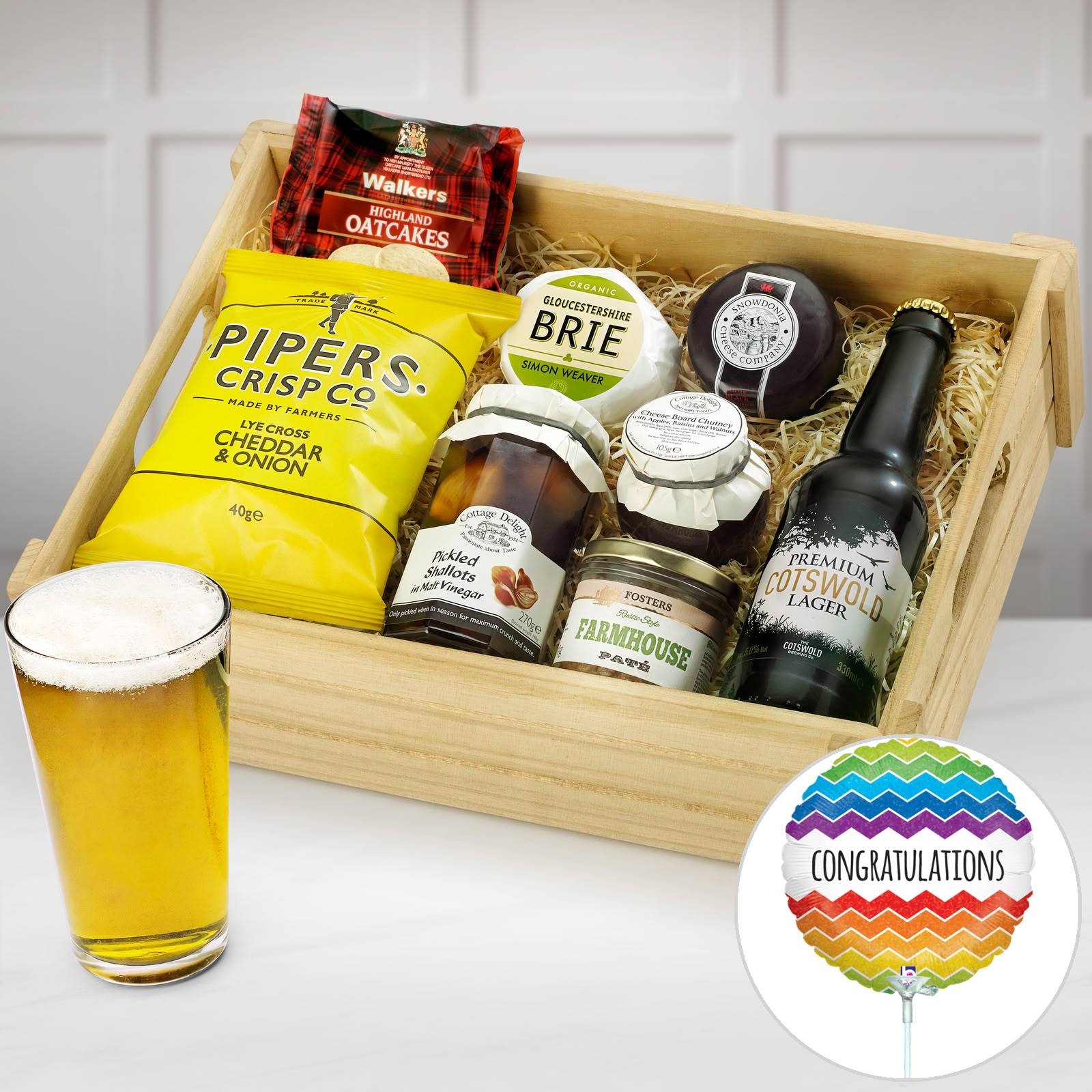 New Home Ploughman's Choice in Wooden Crate With Cotswold Lager, Cottage Delight, Farmhouse Pork Pâte, 90g in a Wooden Crate