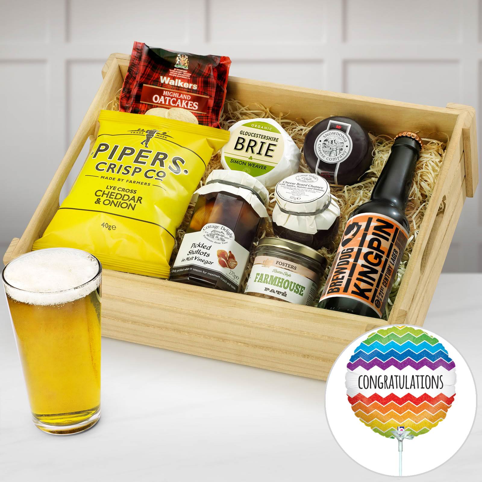New Home Ploughman's Choice in Wooden Crate With Brewdog Kingpin Lager, Cottage Delight, Farmhouse Pork Pâte, 90g in a Wooden Crate