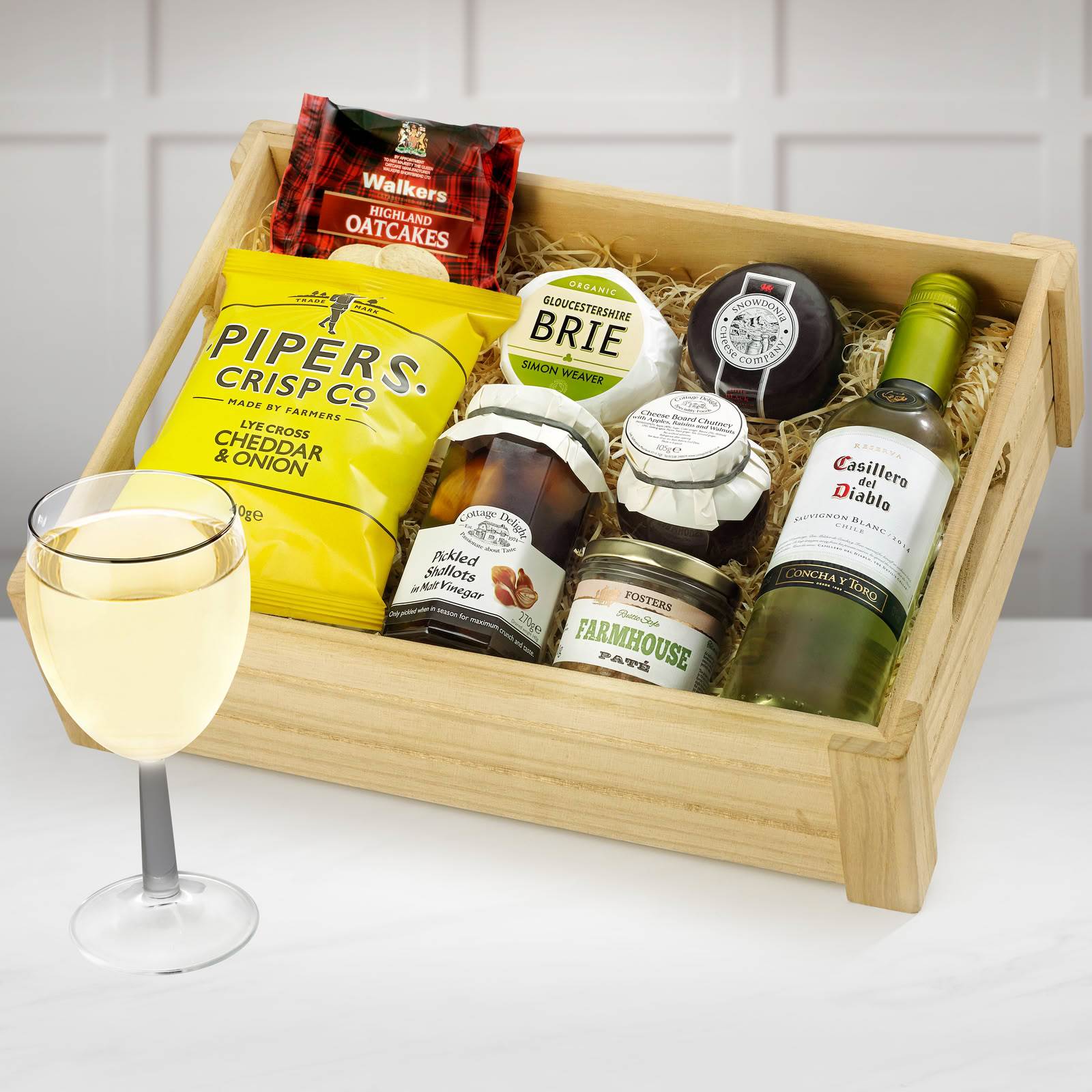 Regency Hampers Birthday Ploughman's Choice in Wooden Crate with Casillero Del Diablo Chardonnay in a Wooden Crate