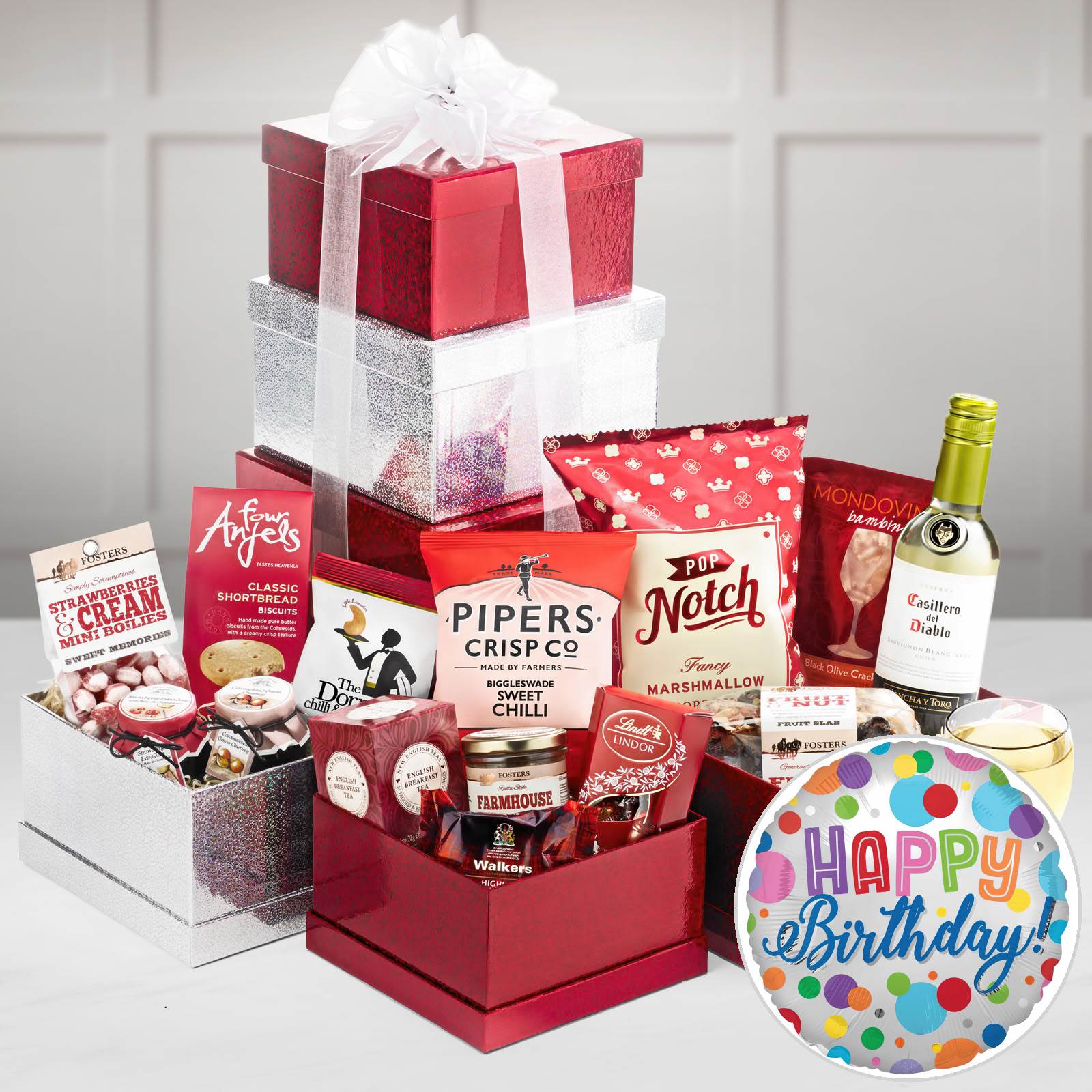Birthday Sweet & Savoury Large Gift Tower With Casillero Del Diablo Chardonnay in a Large Red / Silver Tower Boxes