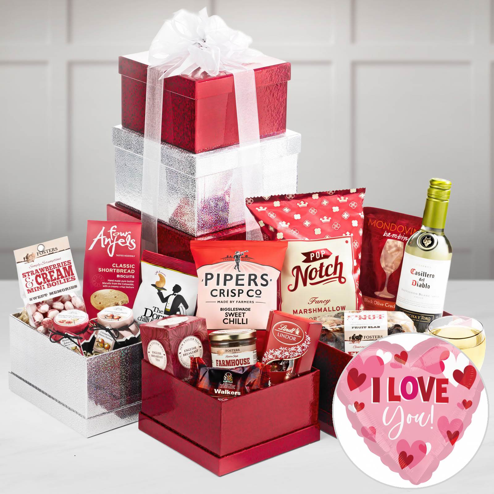 Regency Hampers Sweet & Savoury Large Gift Tower with Casillero Del Diablo Chardonnay in a Large Red / Silver Tower Boxes