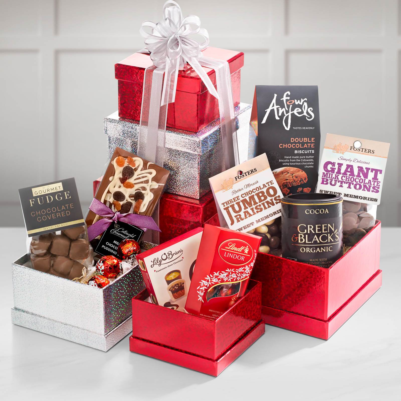 Regency Hampers Chocolate Collection Gift Tower with Cotswold Gourmet, Chocolate Bar in a Small Red / Silver Tower Boxes