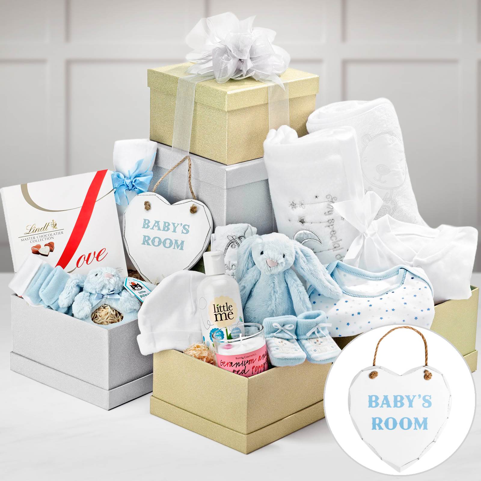 New Baby Boy Gift Set Tower - Baby Clothes, Soft Toys, Hooded Towel & Bath Set