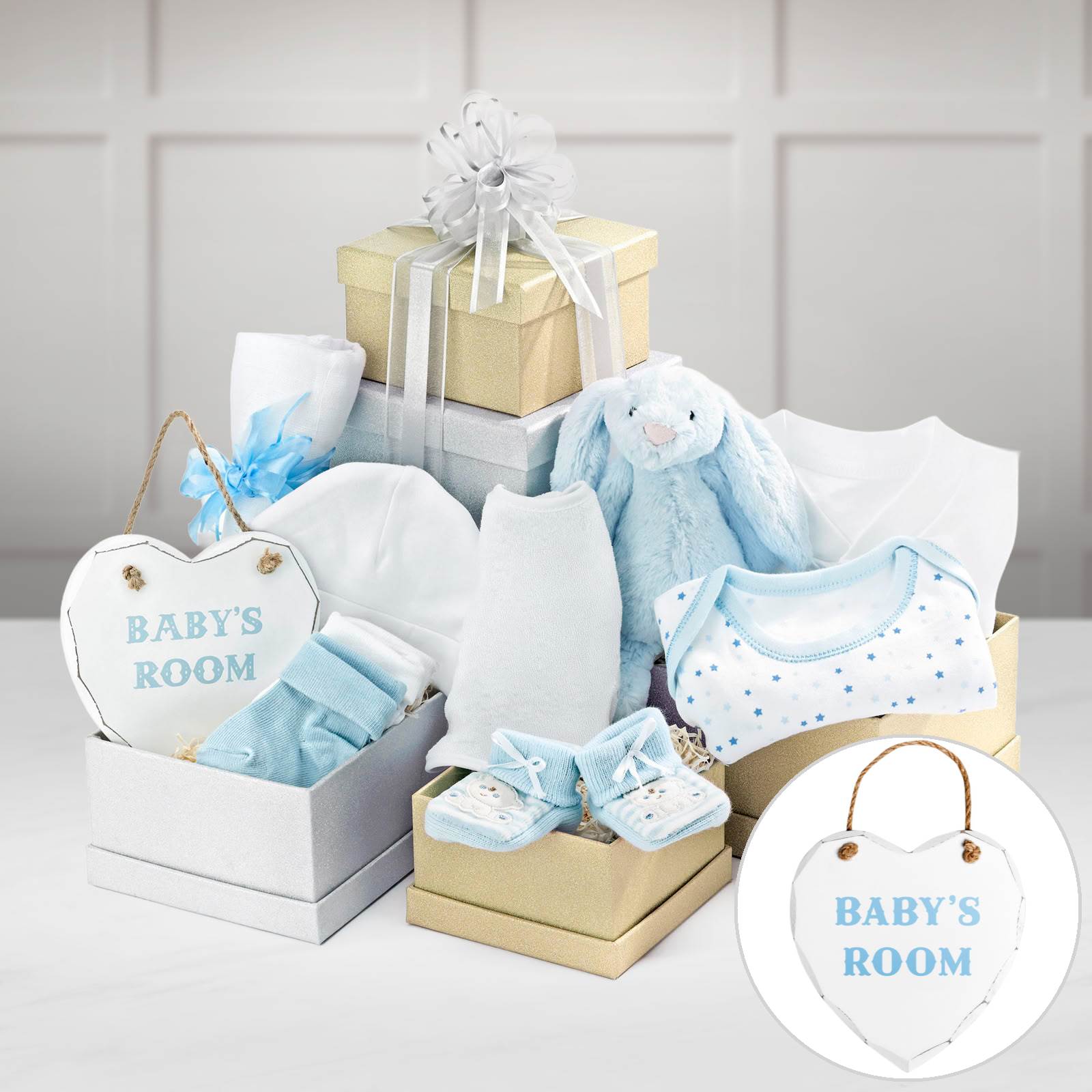 Baby Boy Gift Hamper - Rattle, Sleepsuit, Bib, Booties, Room Sign & More