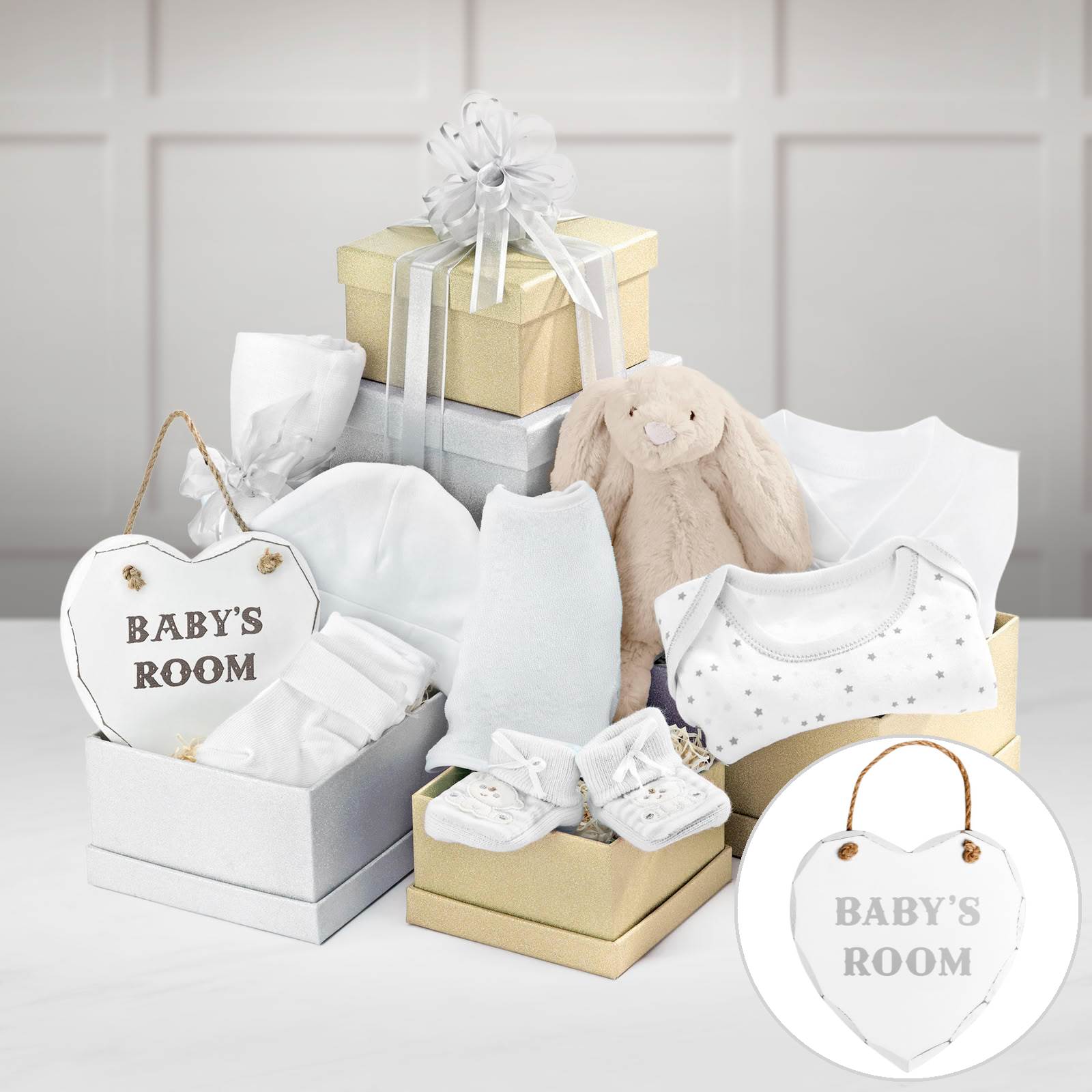 Baby Gift Hamper Tower - Rattle, Sleepsuit, Bib, Booties, Room Sign & More