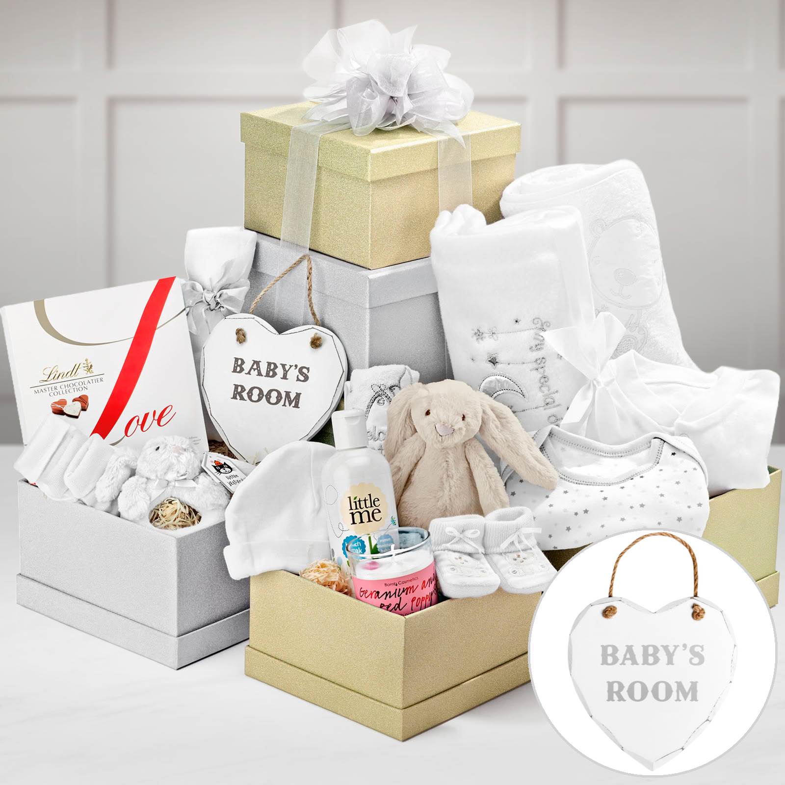Large Baby Gift Hamper Tower - Rattle, Sleepsuit, Bib, Booties, Room Sign & More