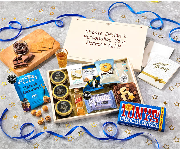 Tea Time Cake, Chocolate & Nibbles Letterbox Hamper With Johnnie Walker Whisky