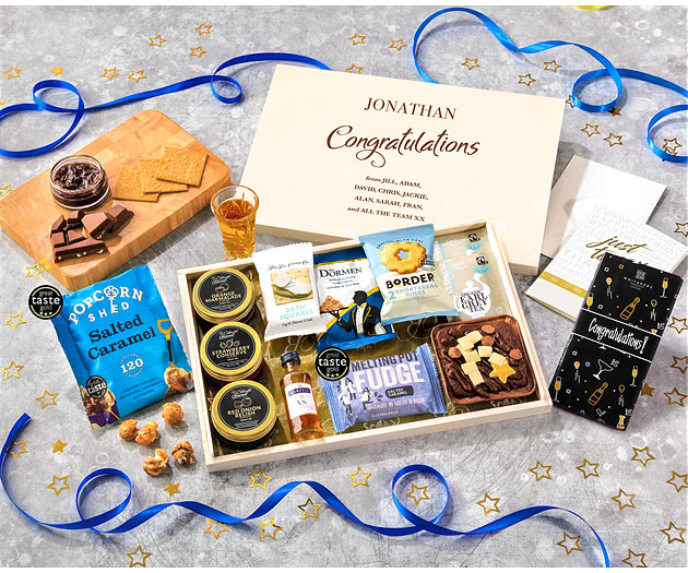Congratulations Tea Time Cake, Chocolate & Nibbles Letterbox Hamper With Martell Cognac