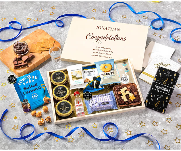 Congratulations Tea Time Cake, Chocolate & Nibbles Letterbox Hamper With Beefeater Gin