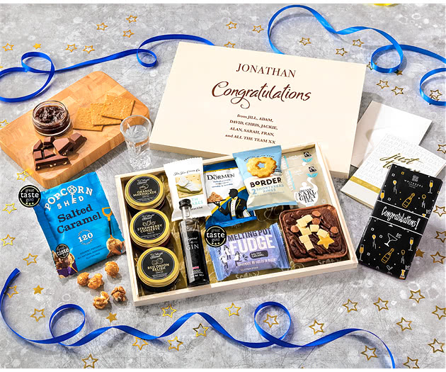 Congratulations Tea Time Cake, Chocolate & Nibbles Letterbox Hamper With Williams Gin