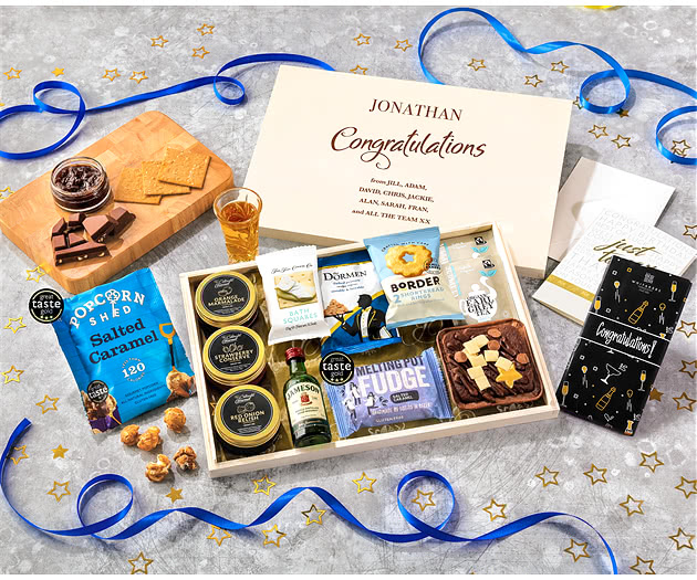 Congratulations Tea Time Cake, Chocolate & Nibbles Letterbox Hamper With Jameson Whisky