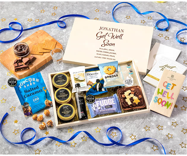Get Well Soon Tea Time Cake, Chocolate & Nibbles Letterbox Hamper With Williams Gin