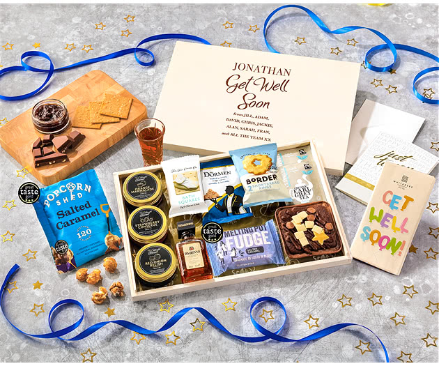 Get Well Soon Tea Time Cake, Chocolate & Nibbles Letterbox Hamper With Disaronno Liqueur