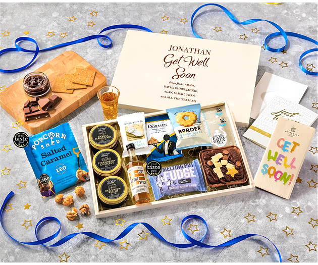 Get Well Soon Tea Time Cake, Chocolate & Nibbles Letterbox Hamper With Spiced Rum