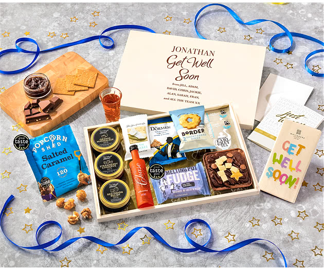 Get Well Soon Tea Time Cake, Chocolate & Nibbles Letterbox Hamper With Marmalade Vodka