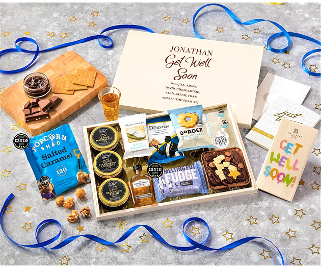Get Well Soon Tea Time Cake, Chocolate & Nibbles Letterbox Hamper With Gentleman Jack Whisky