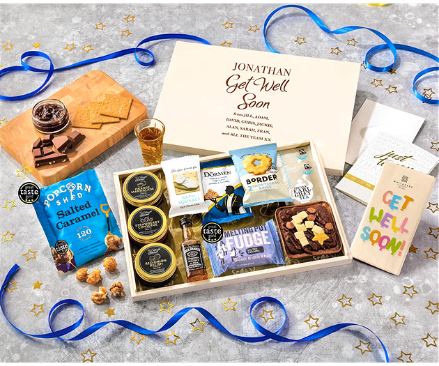 Get Well Soon Tea Time Cake, Chocolate & Nibbles Letterbox Hamper With Jack Daniel's Whisky