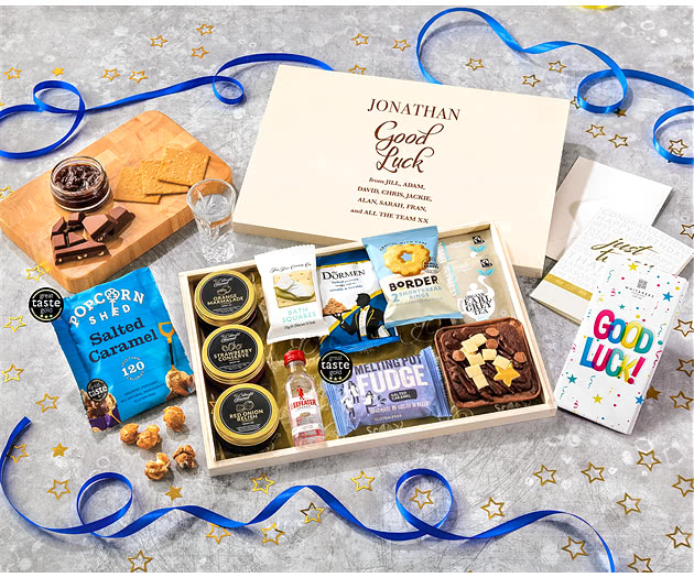 Good Luck Tea Time Cake, Chocolate & Nibbles Letterbox Hamper With Beefeater Gin