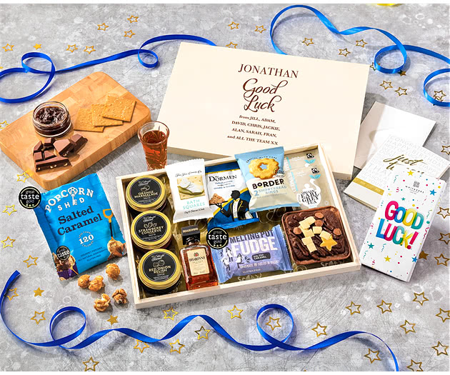 Good Luck Tea Time Cake, Chocolate & Nibbles Letterbox Hamper With Disaronno Liqueur