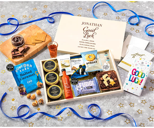 Good Luck Tea Time Cake, Chocolate & Nibbles Letterbox Hamper With Marmalade Vodka