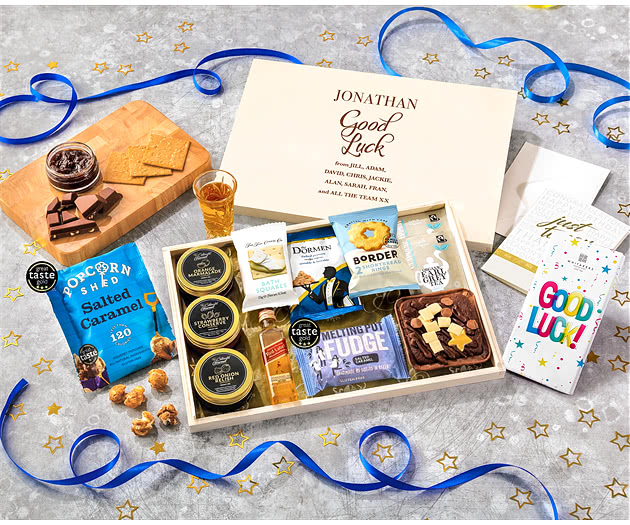 Good Luck Tea Time Cake, Chocolate & Nibbles Letterbox Hamper With Johnnie Walker Whisky