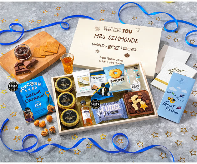 Great Teacher Tea Time Cake, Chocolate & Nibbles Letterbox Hamper With Martell Cognac
