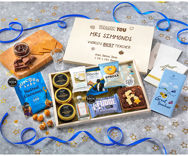 Great Teacher Tea Time Cake, Chocolate & Nibbles Letterbox Hamper With Cornish Gin