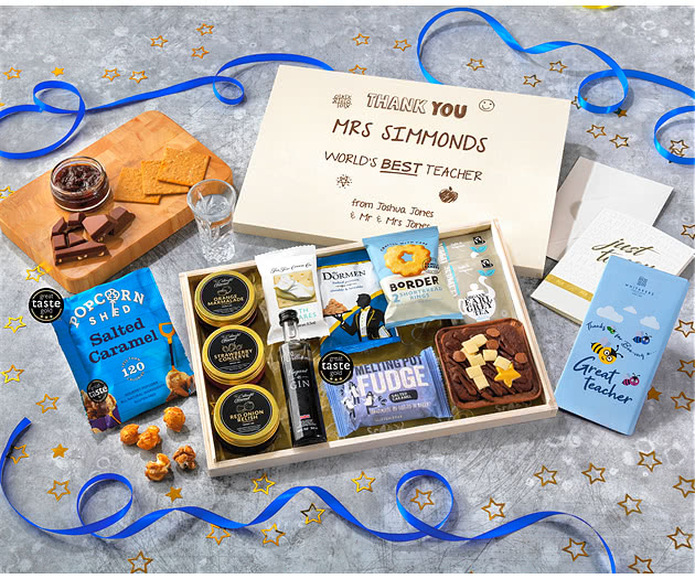 Great Teacher Tea Time Cake, Chocolate & Nibbles Letterbox Hamper With Williams Gin