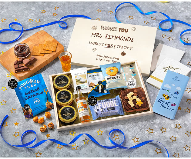 Great Teacher Tea Time Cake, Chocolate & Nibbles Letterbox Hamper With Spiced Rum